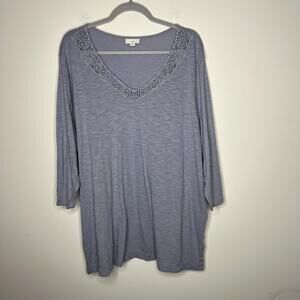 J. Jill Shirt Womens 3X Purple V-Neck Lace Trim 3/4 Sleeve Slub Knit Tunic Top
